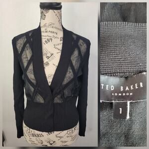 Ted Baker Joannei Crop Cardigan SZ 1 (US 4) Long Sleeve Argyle Knit Black Office